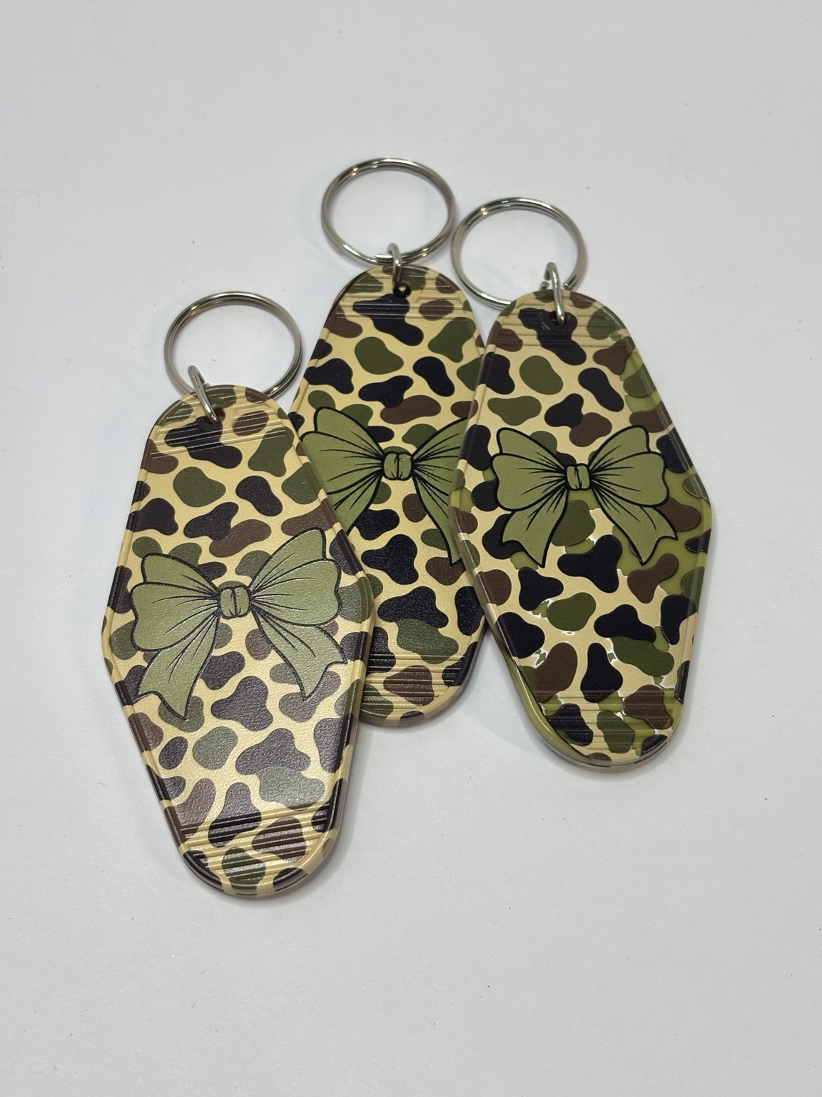 Custom keychain - group of three camo with green bow designs