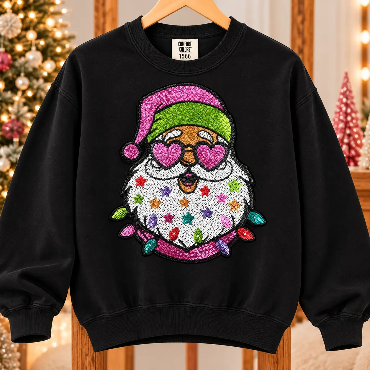Colorful Santa sequin sweatshirt on Black